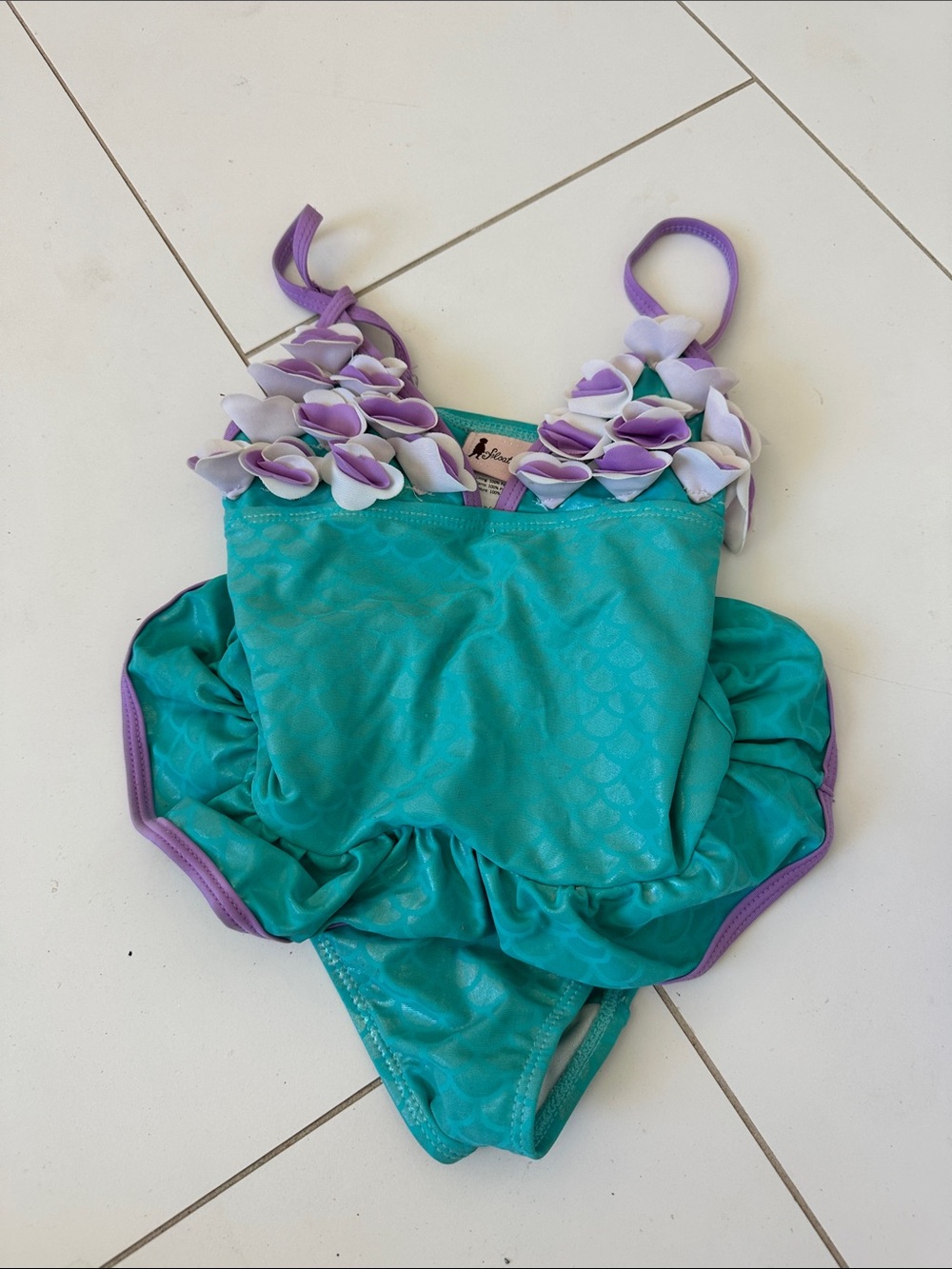 Floatimini Aqua Teal One-Piece Swimsuit with Purple Floral Ruffle Straps 5
